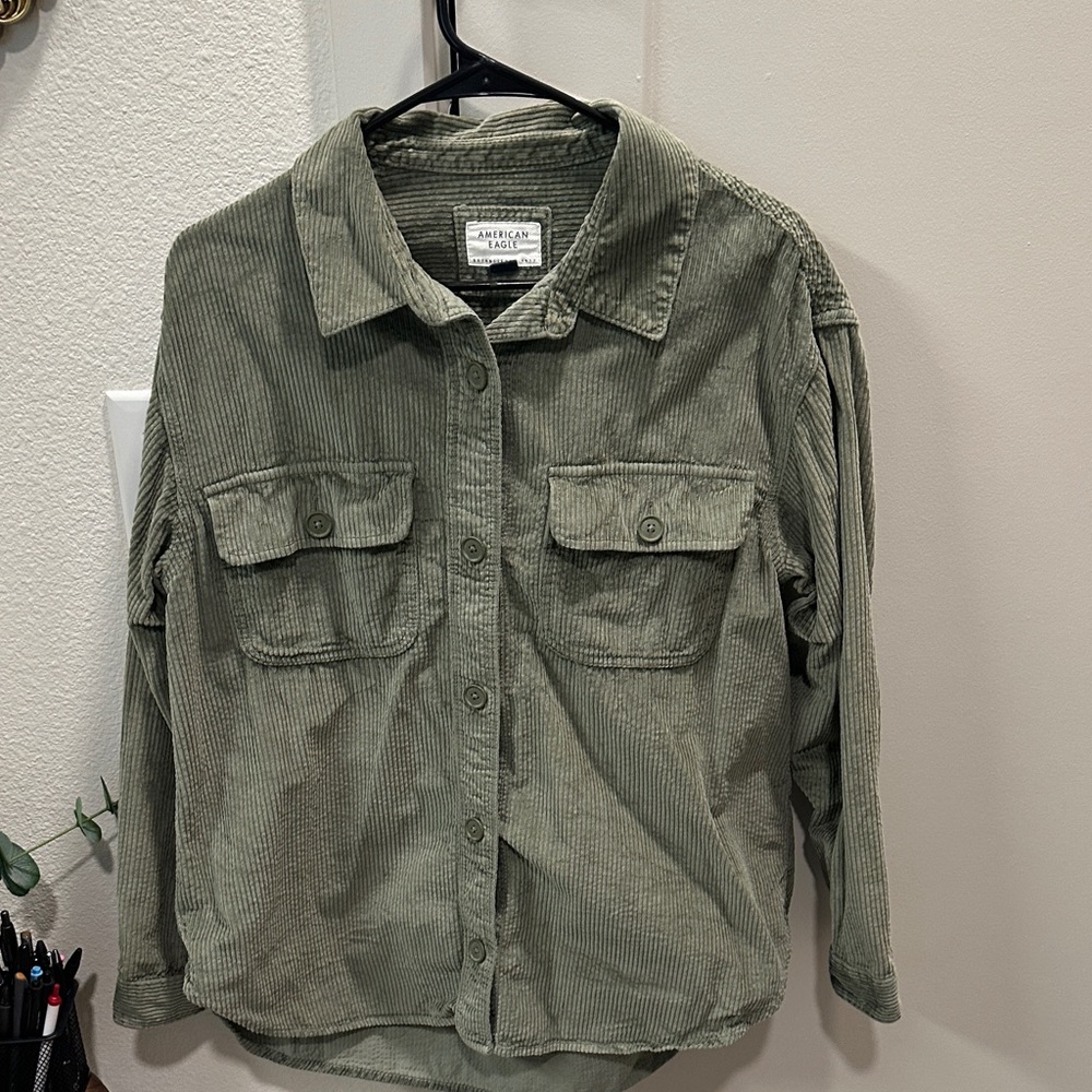 American Eagle Green Corduroy Button-Up Shirt